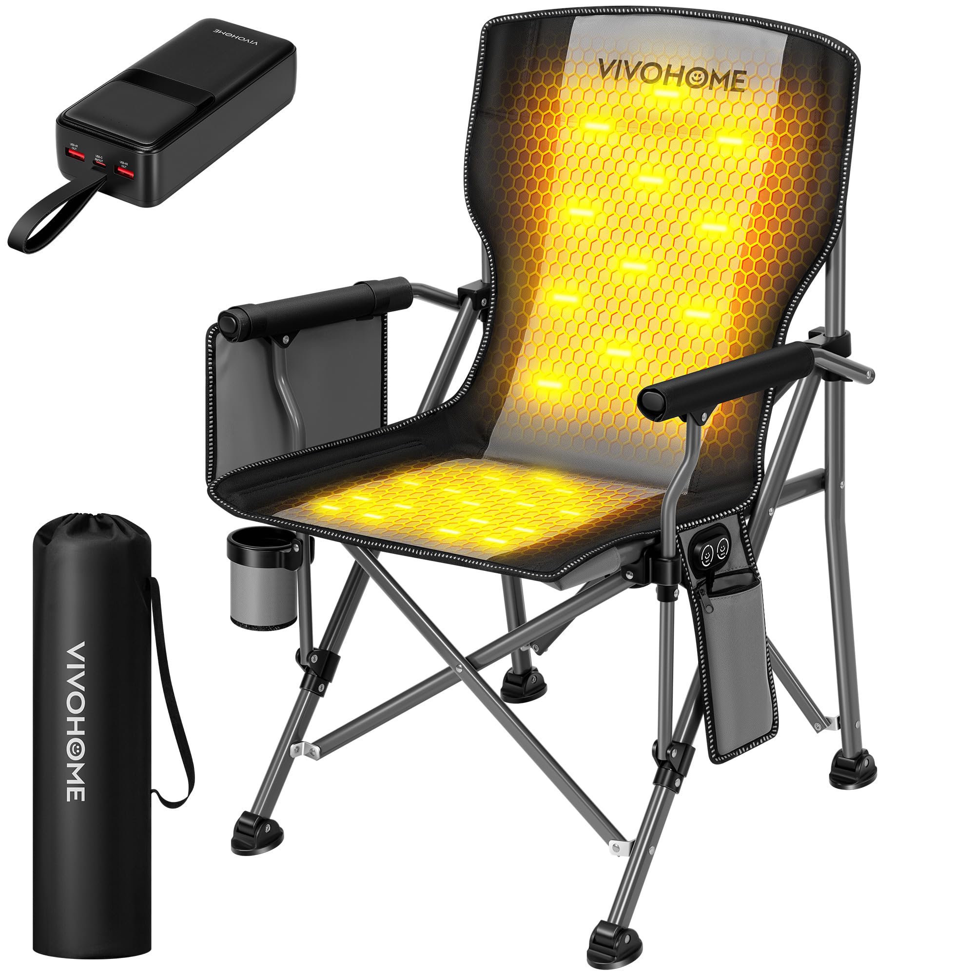 Photo 1 of **DAMAGED WIRES/PARTS ONLY**VIVOHOME 45W Padded Heating Camping Chair with 27000mAh Power Bank, Heated Portable Folding Lawn Chair for Outdoor Sports, 3 Levels of Heat, Overheat Protection System, Black and Gray