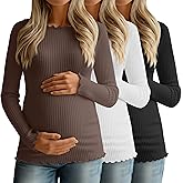 Sweetyweee 3 Pack Women's Maternity Ribbed Shirts Cotton Long Sleeve Pregnancy Tees Boat Neck Basic Tops Knit Clothes