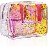 TotePrint TPU Holographic Pink Clear Star Large Cosmetic Bag and Travel Pouch with Handle,Durable TPU Material,Zipper Design-Ideal for Makeup,Travel Essentials (Holographic pink)