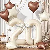 20 Cream White Balloons, 20 Number Balloons Set, Beige Number 20 Balloons, Brown Sand White Foil Star Heart Balloon With Long Balloon For 20th Birthday Party 2nd Baby Shower Decorations