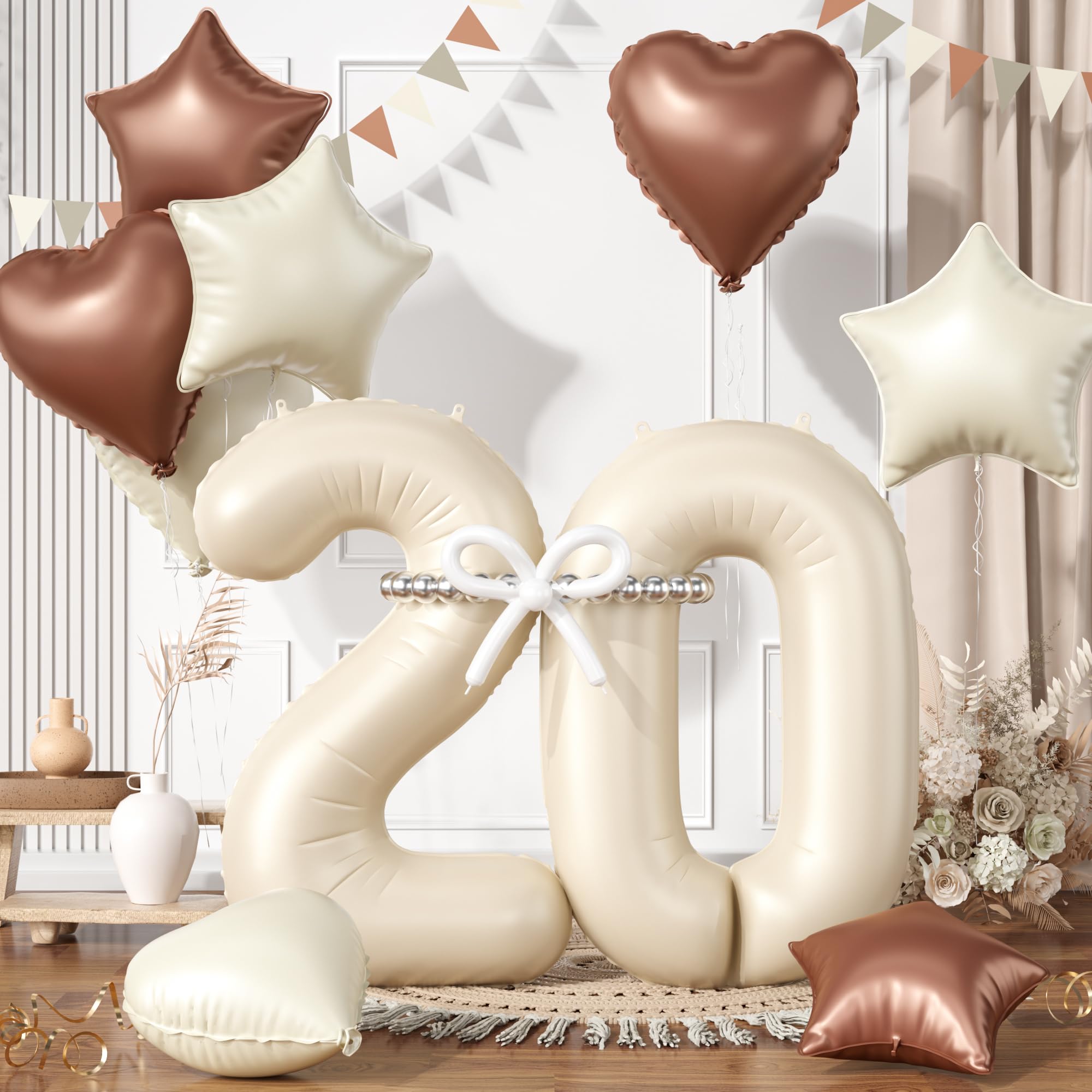 Photo 1 of 20 Cream White Balloons, 20 Number Balloons Set, Beige Number 20 Balloons, Brown Sand White Foil Star Heart Balloon With Long Balloon For 20th Birthday Party 2nd Baby Shower Decorations