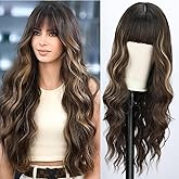 BOGSEA Brown Wigs with Bangs Long Wavy Wig for Women Brown Highlights Wigs with Bangs Synthetic Heat Resistant Fiber Wigs for Daily 26 Inch