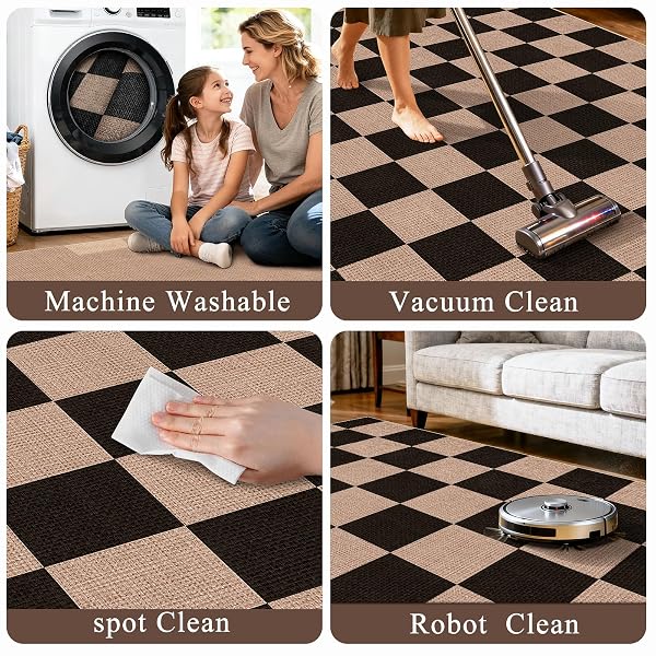 CHECKERED 3X5 NO SHED JUTE RUG: MACHINE WASHABLE NON SLIP RUGS FOR ENTRYWAY FRONT PORCH KITCHEN – DOOR MAT AREA RUG FARMHOUSE NEUTRAL NON SHEDDING – CARPET FOR BEDROOM LIVING ROOM (BLACK,3X5)
