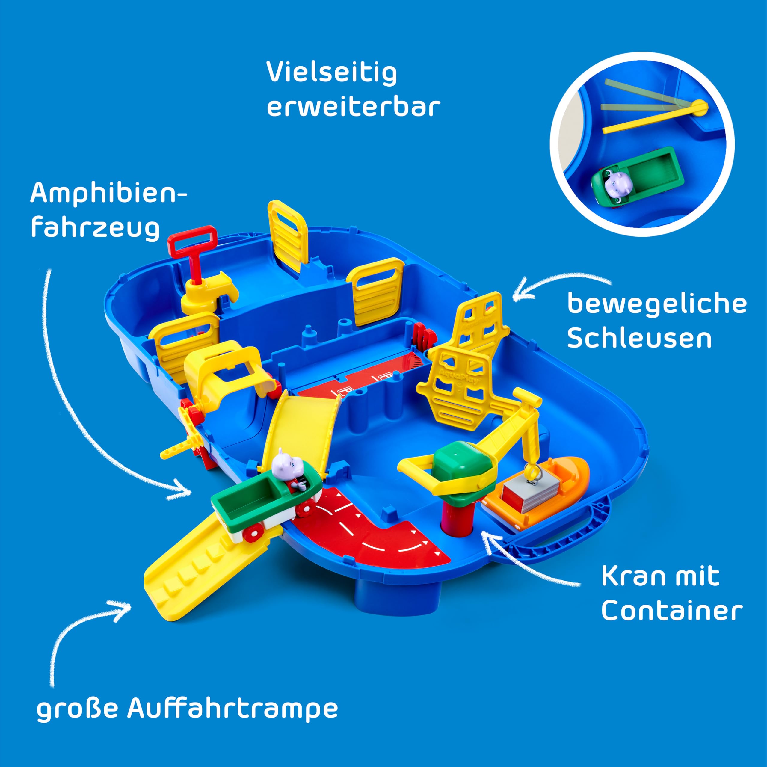AquaPlay - LockBox - Wasserbahn als Transportkoffer mit 27 Teilen, Spieleset inklusive 1 Hippo Wilma, Amphibienauto und Containerboot, für Kinder ab 3 Jahren, 8700001516, Blau 4