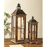 Large Farmhouse Wooden Decorative Lantern Set of 2, Rustic Distressed Brown Burnt Wood Floor Candle Lanterns, Indoor/Outdoor 