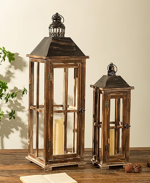 LARGE FARMHOUSE WOODEN DECORATIVE LANTERN SET OF 2,...