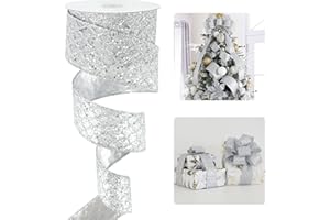 HUIHUANG Silver Glitter Wired Ribbon for Christmas Tree 2.5 inch Silver Diamond Mesh Ribbon for Tree Decoration, Wreaths, Garland, Gift Wrapping, Large Bows Making, Home Decor -10 Yards
