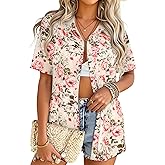 LOOKBOHO Hawaiian Shirts for Women Resin Button Casual Short Sleeve Floral Tropic Print Summer Blouse Top