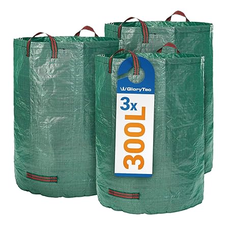Glorytec Gartensack 3 x 300 Liter - 3 Premium Gartensäcke XXL - Stabile Gartenabfallsäcke aus Extrem Robustem Polypropylen-Ge