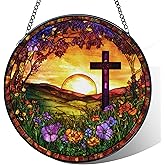 MORDMODUCK Cross Stained Glass Window Hanging, Christian Cross Wildflower Sunshine Landscape Suncatcher, Religious Sun Catchers Indoor Window Round Glass Wall Art Hanging Decorations, 7.9x7.9in