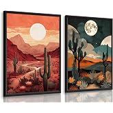 Boho Southwestern Desert Wall Art,Cactus Sun and Moon Wall Decor, 16x12 in | Colorful Moody Vintage Landscape Posters Pictures,Mid Century Nature Western Canvas Print Painting for Livin,Unframed Set of2