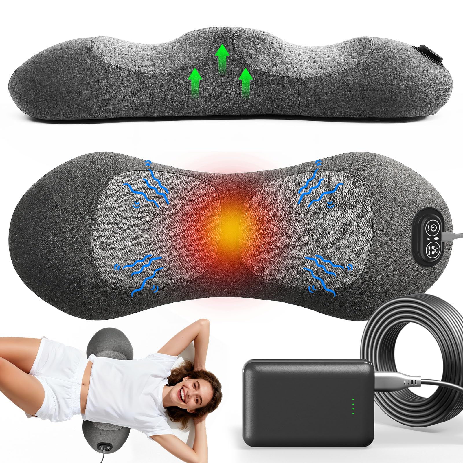 Photo 1 of Upgraded 3-in-1 Portable Lumbar Pillow for Back Relief, Smooth Spine Triple Fusion Back Massager with Stretch, Vibration & Heat, Includes 5000mAh Power Bank for Deep Relaxation on Bed, Sofa & Car