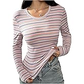 WDIRARA Women's Slim Fit Long Sleeve Striped T Shirt Rib Knit Tee Tops