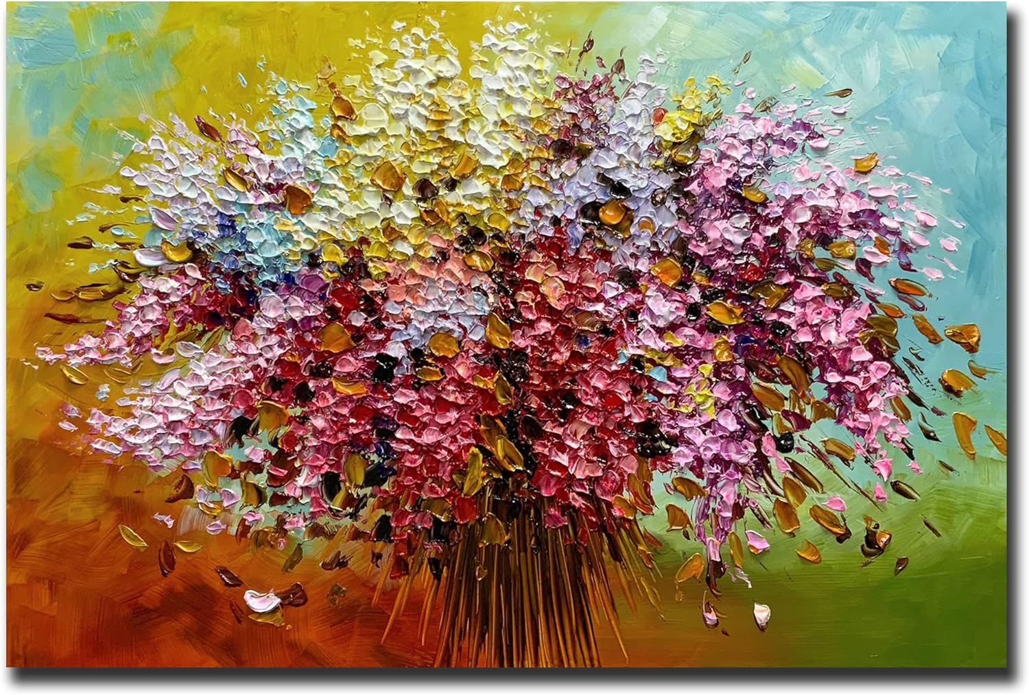 Paintings - Boieesen Art,24x36Inch Textured Hand Painted Blooming Flower Oil Paintings Colorful Floral Wall Art Bouquet Artwork Oil Hand Painting Home Decor Art Wood Inside Framed Ready to Hang
