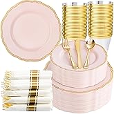 Hioasis 350pcs Pink and gold Plastic Plates - Pink Plastic Dinnerware Set Includes 50 Dinner Plates, 50 Dessert Dinnerware, 50 Cups, 50 Rolled Napkin Cutlery Perfect for Wedding & Valentine's Day