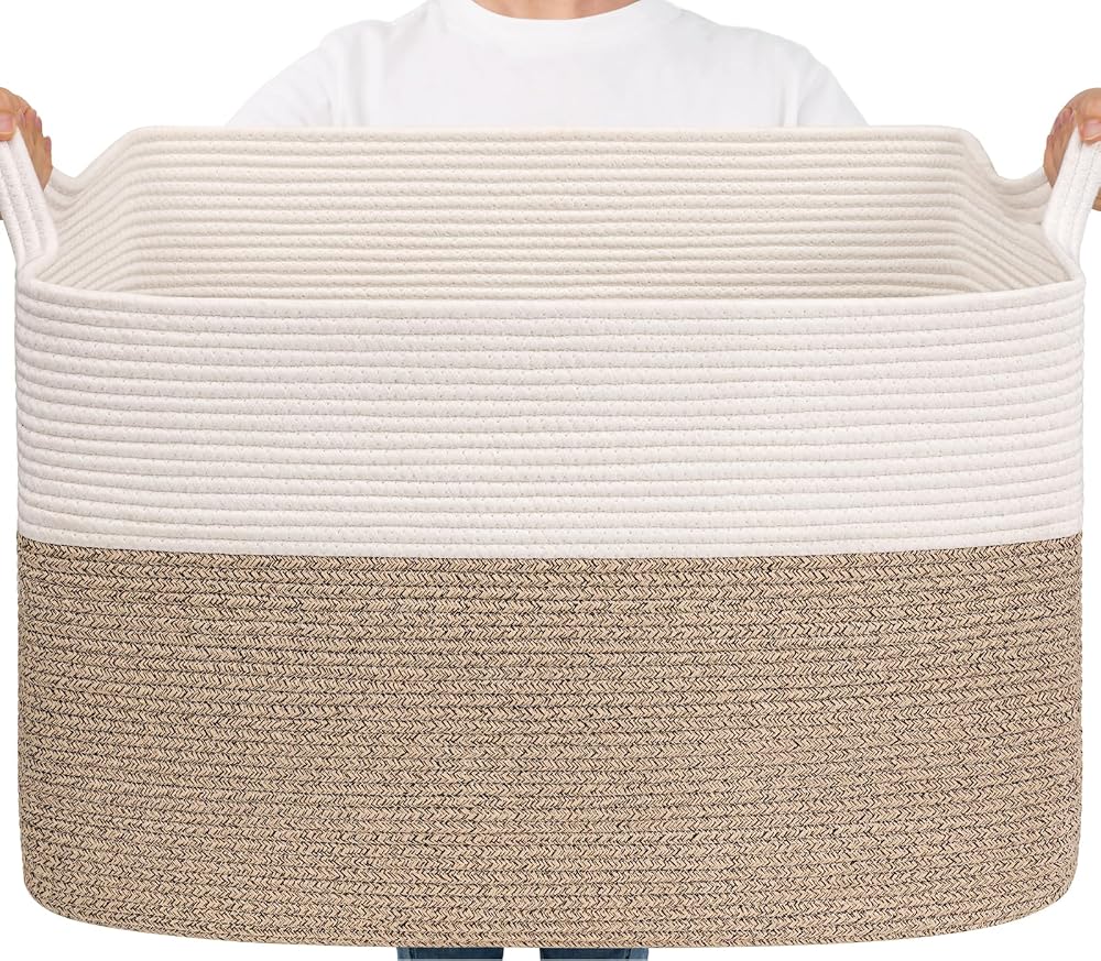 TIMEYARD 105L Extra Large Storage Basket Rectangular Cotton Rope White Brown