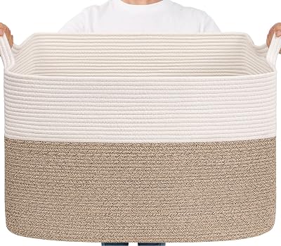 TIMEYARD 105L Extra Large Storage Basket Rectangular Cotton Rope White Brown