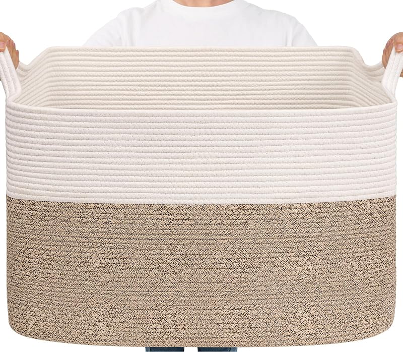 TIMEYARD 105L Extra Large Storage Basket Rectangular Cotton Rope White Brown