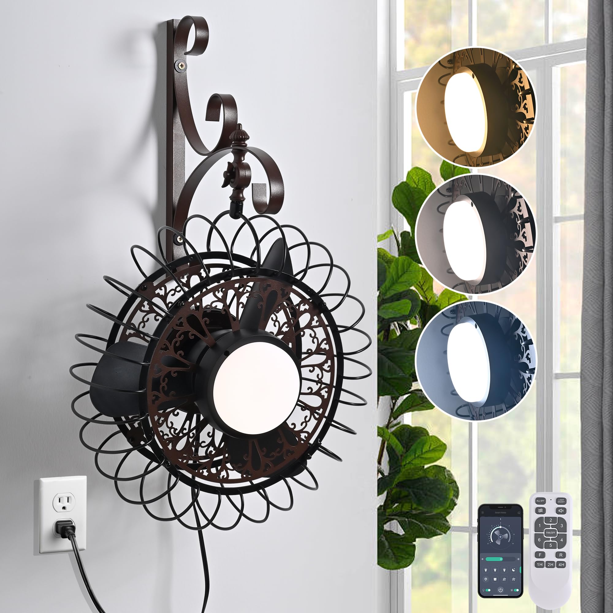 Photo 1 of Garwarm 15.74" Wall Mounted Fan with Lights, Adjustable Tilt Plug in Wall Fan and Remote, 6-Speed, Reversible, 3 Color Temperatures Noiseless for Workshop, Patio, Bedroom, Garage