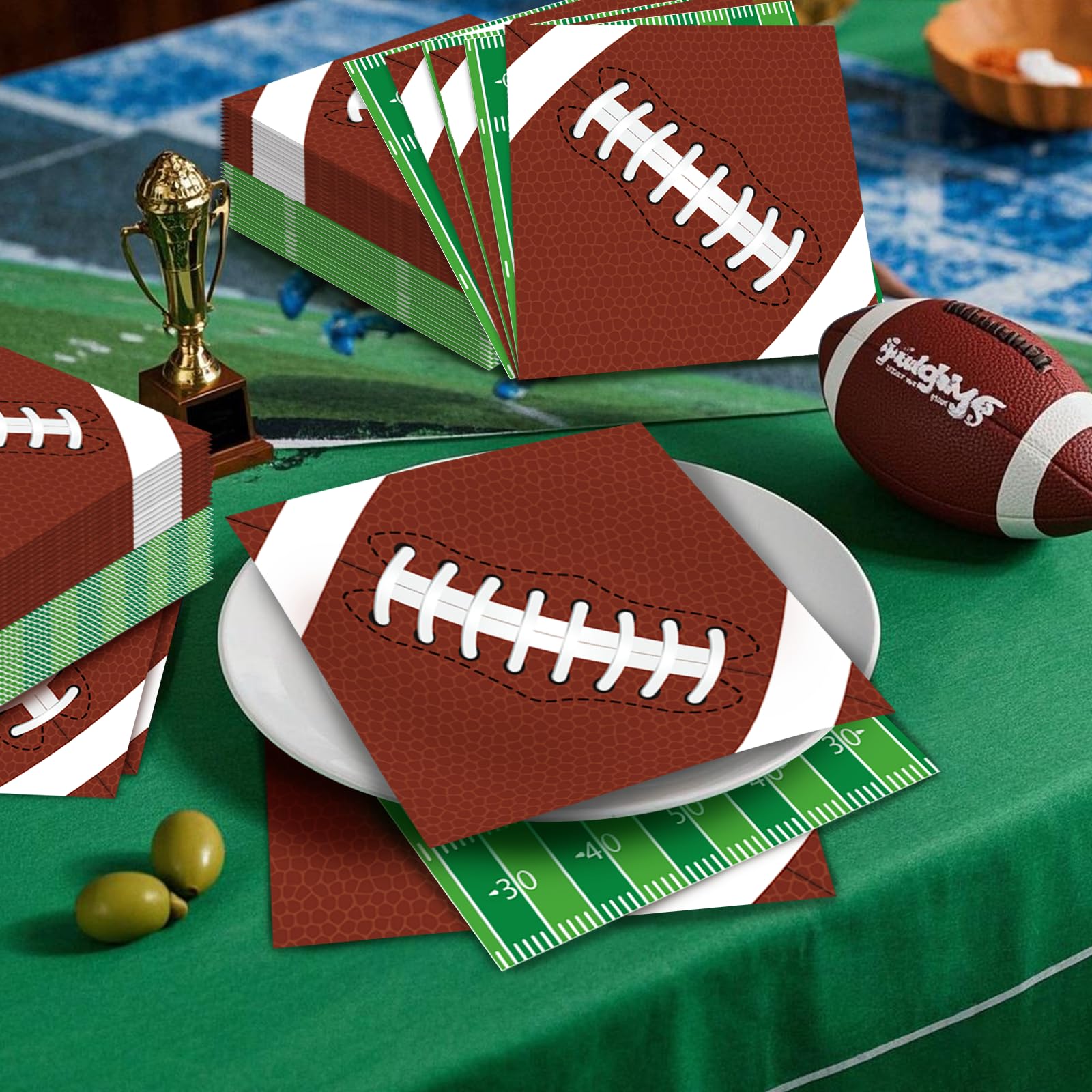 Pack of 50, Football Paper Napkins, 25 Brown Football and 25 Green Field Design Disposable Cocktail Napkins for Sports Football Game Events Supplies Birthday Party Decorations, 13x13 Inches Unfolded