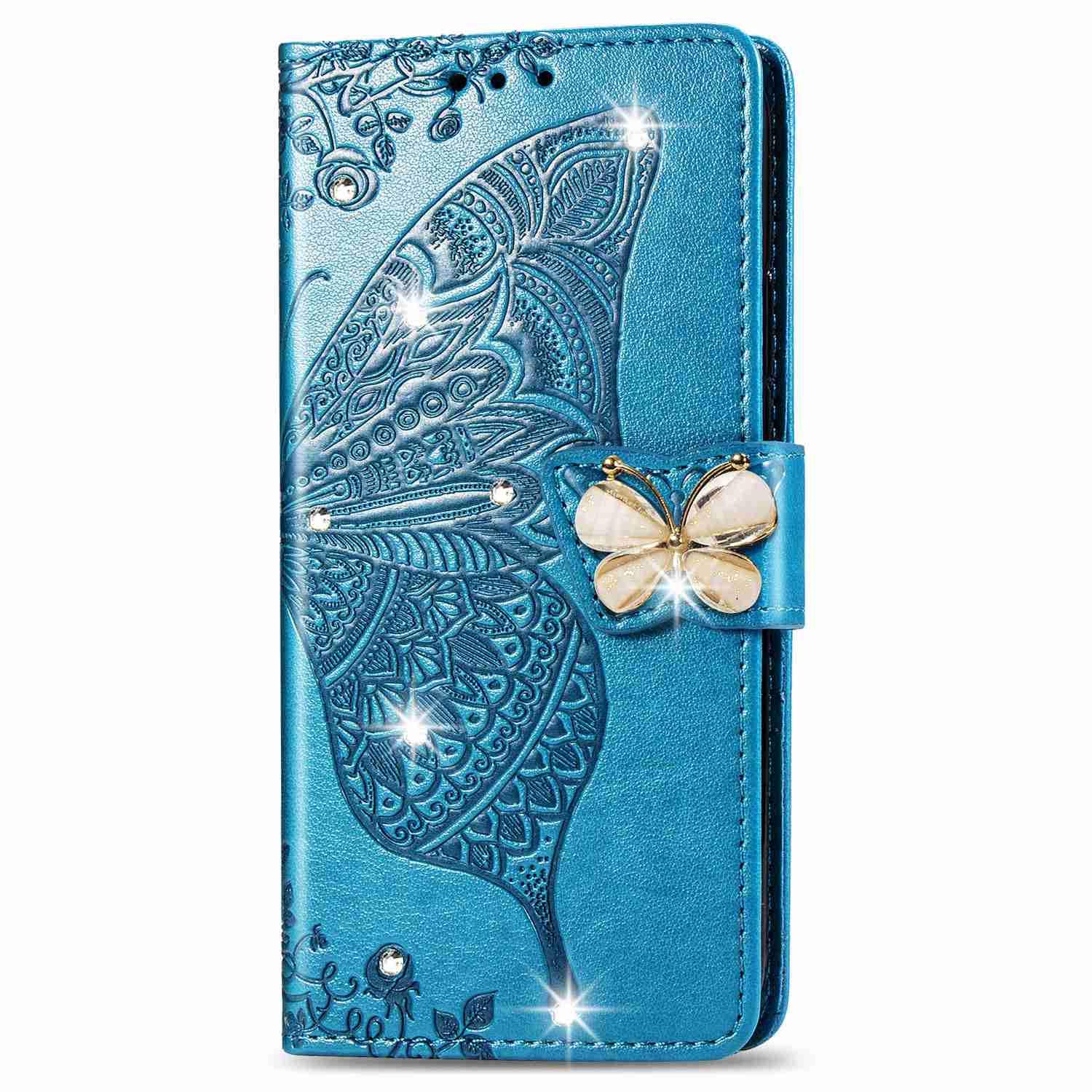 Reevermap iPhone 11 Case Glitter Cystal Flip PU Leather Phone Cover for iPhone 11, Shockproof Wallet Card Slots Butterfly Embossed Gems Bling Shiny Magnetic Clasp Kickstand, Blue
