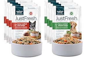 JustFoodForDogs JustFresh Wet Dog Food, Fresh Pet Meals and Toppers with No Preservatives, Resealable Package, Human Grade, Home-Cooked Beef and Chicken Variety, 12 oz - 8 Pack