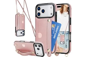 CCSmall for iPhone 17 Pro Max Lanyard Case with Card Holder for Women, Detachable PU Leather Crossbody Strap Wristband Kickst