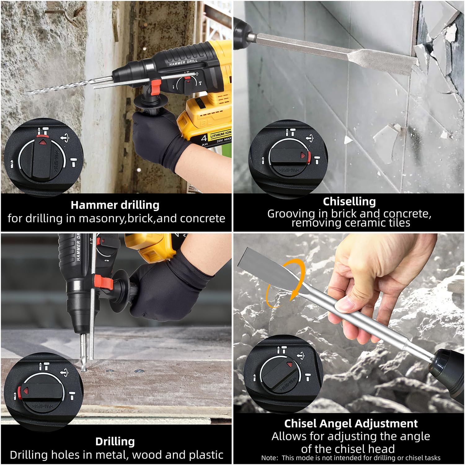 SDS-Plus Cordless Rotary Hammer Drill Compatible with Dewalt 20V Battery(NO Battery) Brushless Motor, Safety Clutch, 4 Functions with 5 Drills and Carrying Case for Concrete/Masonry/Wood/Metal