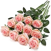 Pink Fake Roses Artificial Flowers - 10 Pcs Fake Artificial Roses Silk Flowers with Stems for Home Wedding Hotel Office Centerpiece Decor（Champagne Pink）