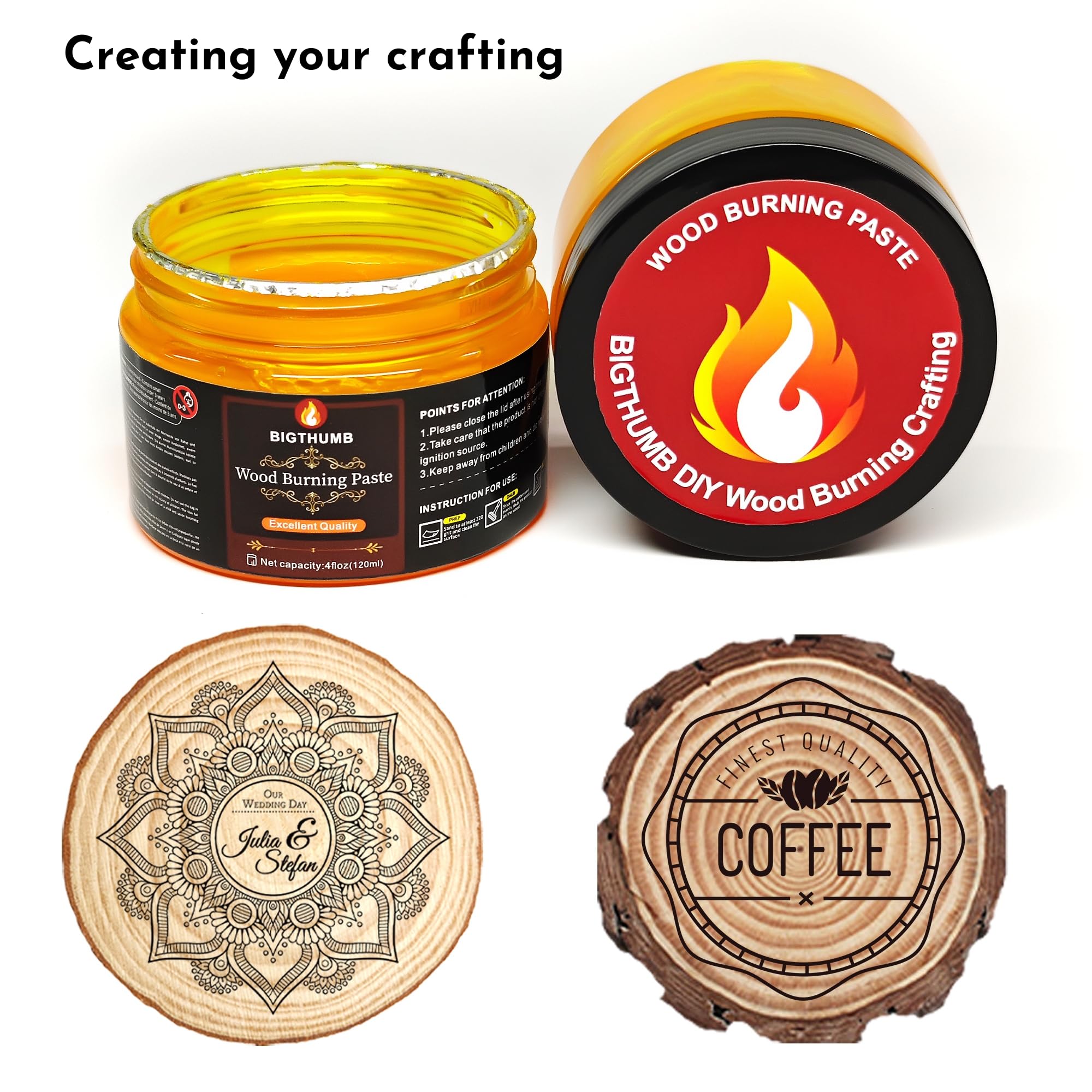 Wood Burning Gel Kit 4 OZ | Heat Activated Non-Toxic Paste for DIY Crafting, with Mini Scraper, Template Sticker, Paint Brush - Accurately & Easily Burn Designs on Wood, Canvas, Denim