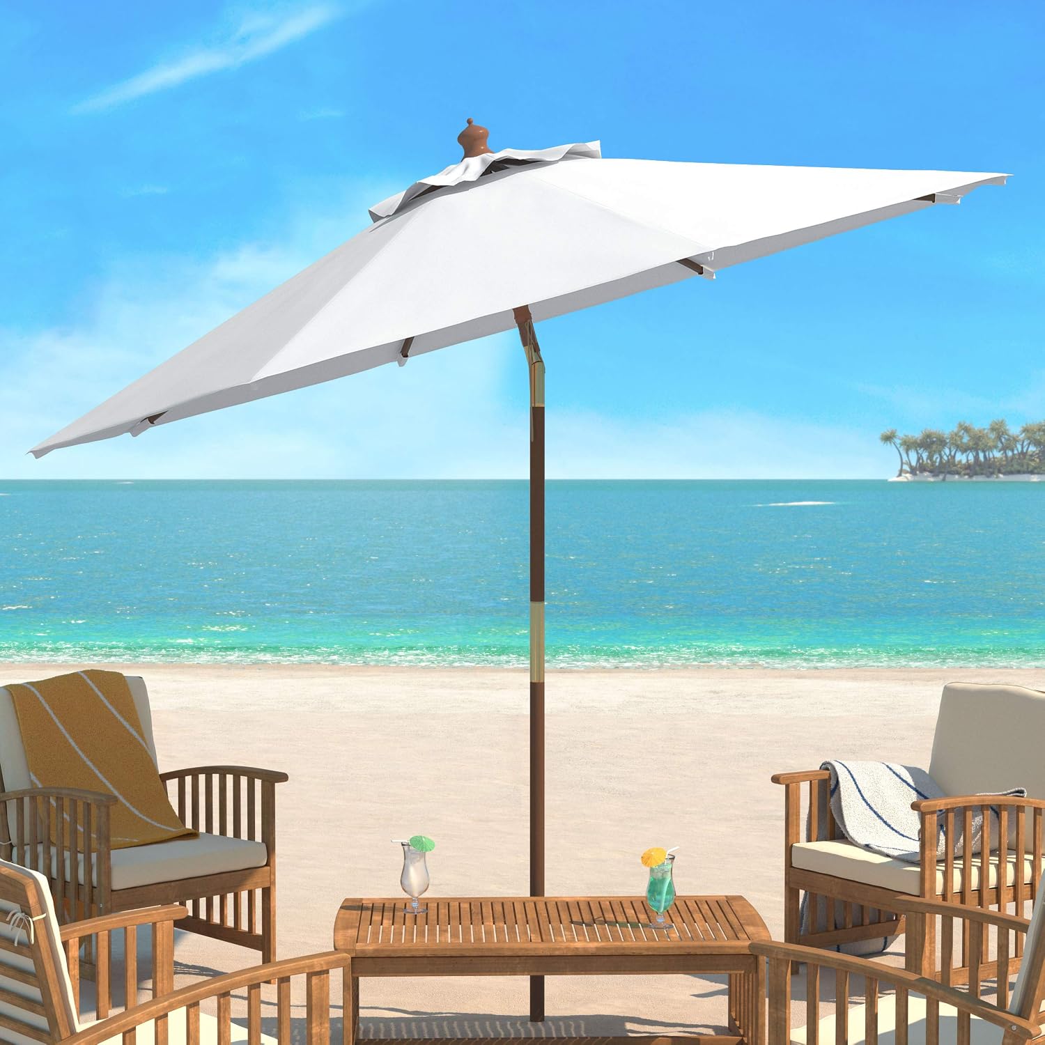 Amazon Com Safavieh Pat8009e Collection Cannes White 9ft Wooden Outdoor Umbrella Garden Outdoor