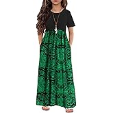 Arshiner Girls Maxi Dress Long/Short Sleeve Casual Holiday Dress with Pockets for 5-13 Years
