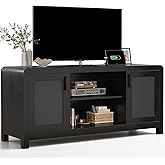 LIKIMIO TV Stand with Power Outlet for TVs up to 65", Entertainment Center with Rattan Doors Storage & Adjustable Shelves, Cord Holes, Modern Media Console for Living Room,Black