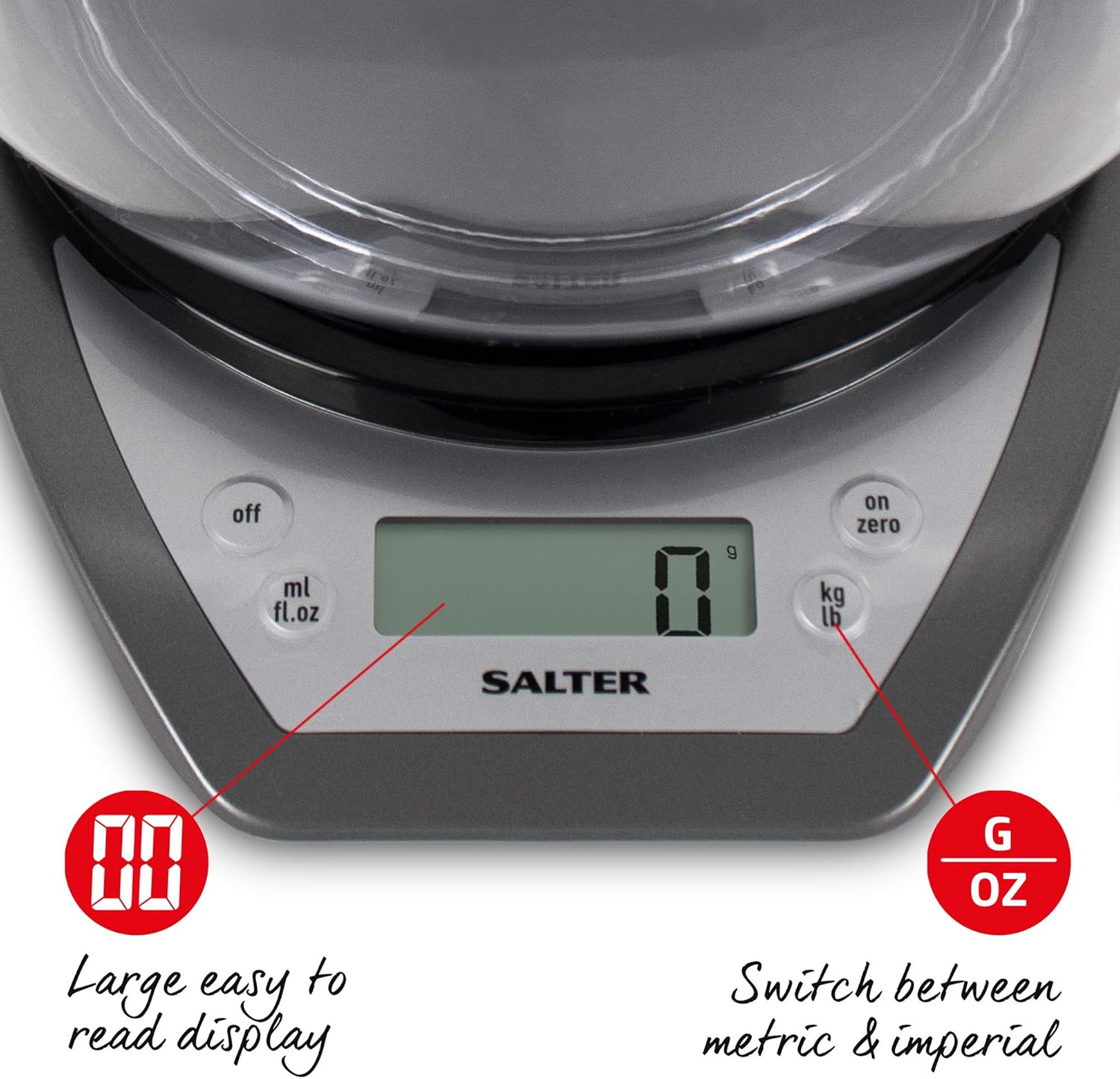 Salter Digital Kitchen Scale With Bowl- 2L Dishwasher Safe Mixing Bowl, Easy Dual Pour Wide & Narrow Spouts, Measure Liquids - Image 4