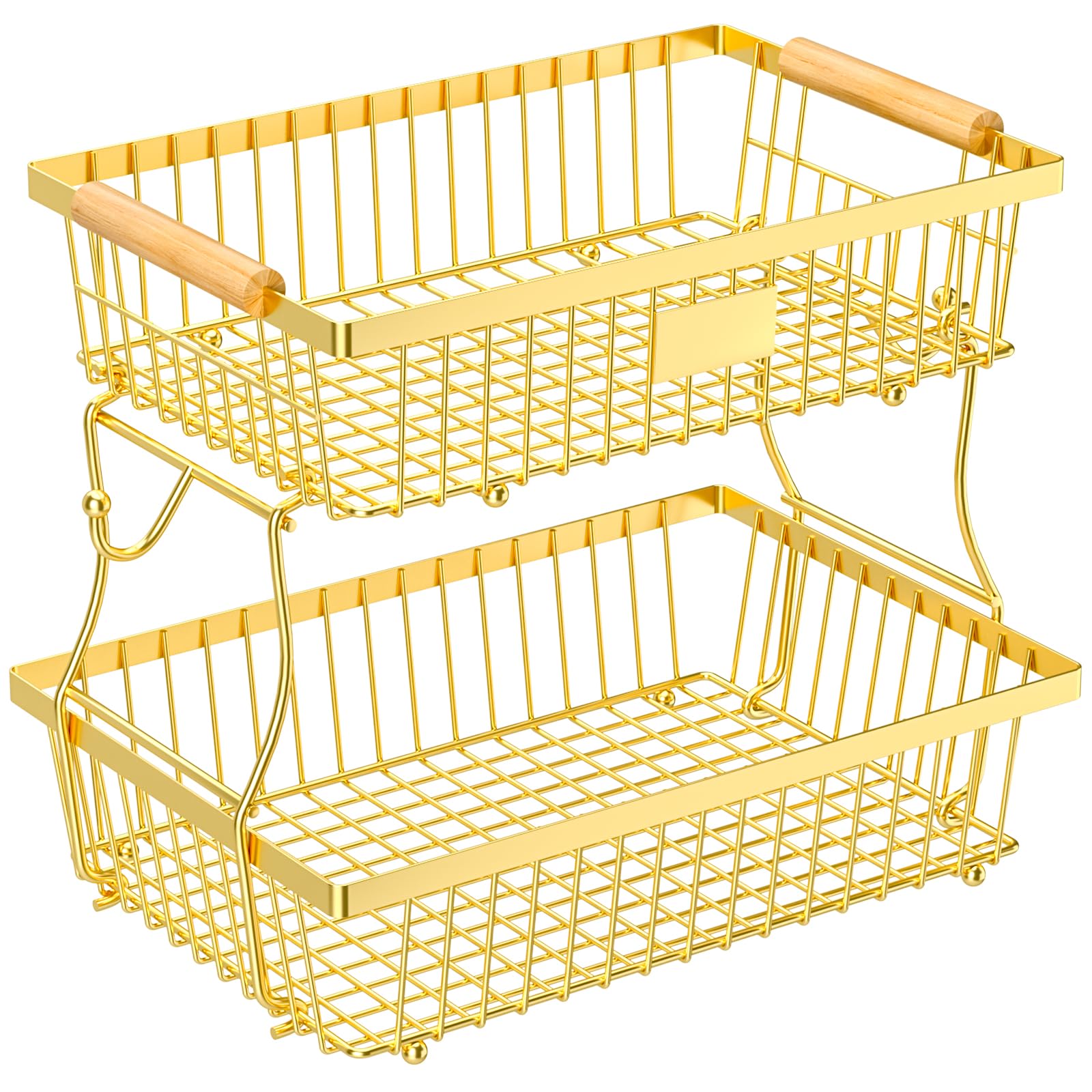 Photo 1 of 2 Tier Fruit Basket for Kitchen Counter with 2 Banana Hangers, Countertop Metal Fruit Bowl with Wooden Handle, Large Storage Stand for Vegetables, Snacks, Breads, Produce Storage – rose gold