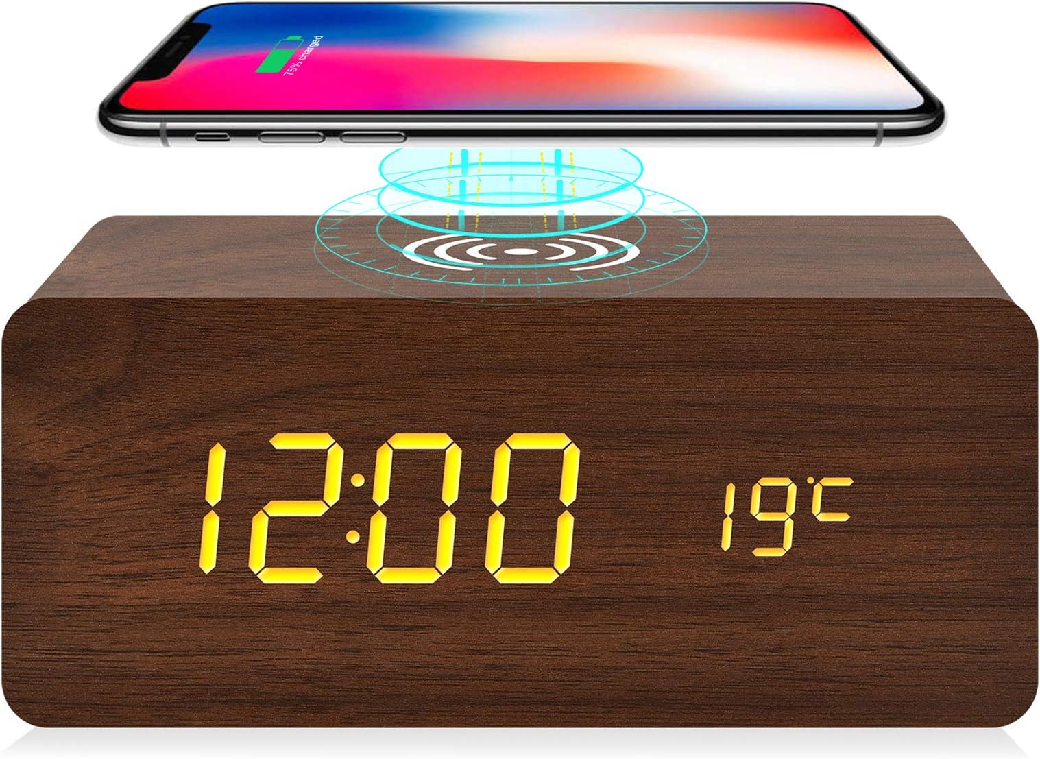 fomobest Digital Wooden Alarm Clock with Wireless Charging, 3 Alarm LED Display, Snooze, Sound Control, Adjustable Brightness, Wood Made Electric Clocks for Bedroom, Bedside, Kid (Brown)