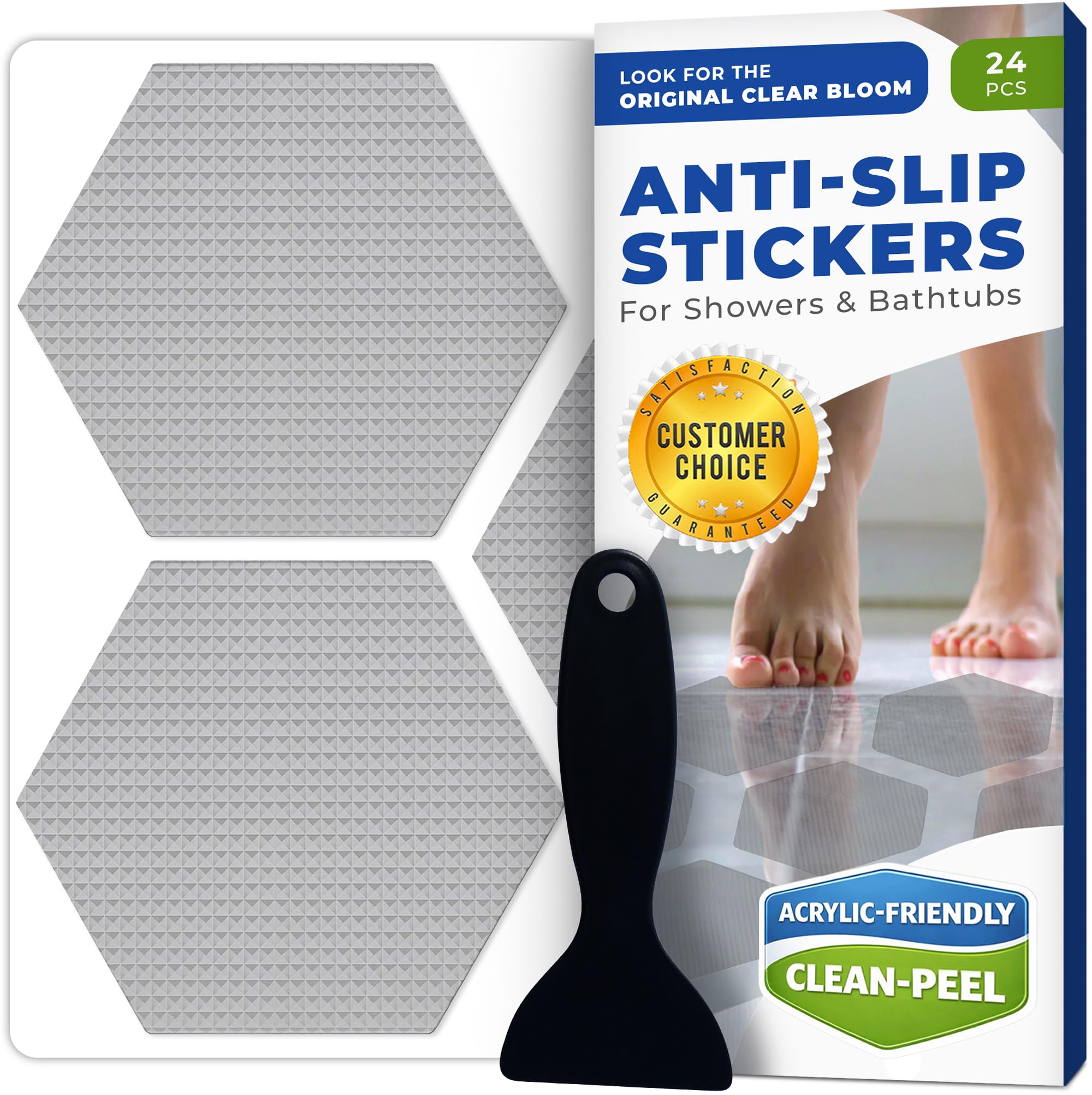 Clear Bloom Anti Slip Shower Stickers 24 PCS, Gray Non-Slip Shower Strips for Adults, Premium Adhesive Bath Tub Stickers