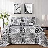 WONGS BEDDING Grey Quilt Set King Size, Patchwork Plaid Bedspread Bedding Sets Soft Microfiber Boho Quilts for King Bed 3 Pieces Coverlet Set for All Season (104"x90")