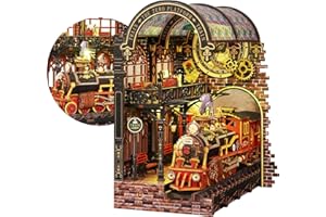 WIOR Book Nook Kit, DIY Scene Miniature House Kit with Sensor LED Lights 3D Wooden Puzzle Tiny Dollhouse Bookend for Adults, 