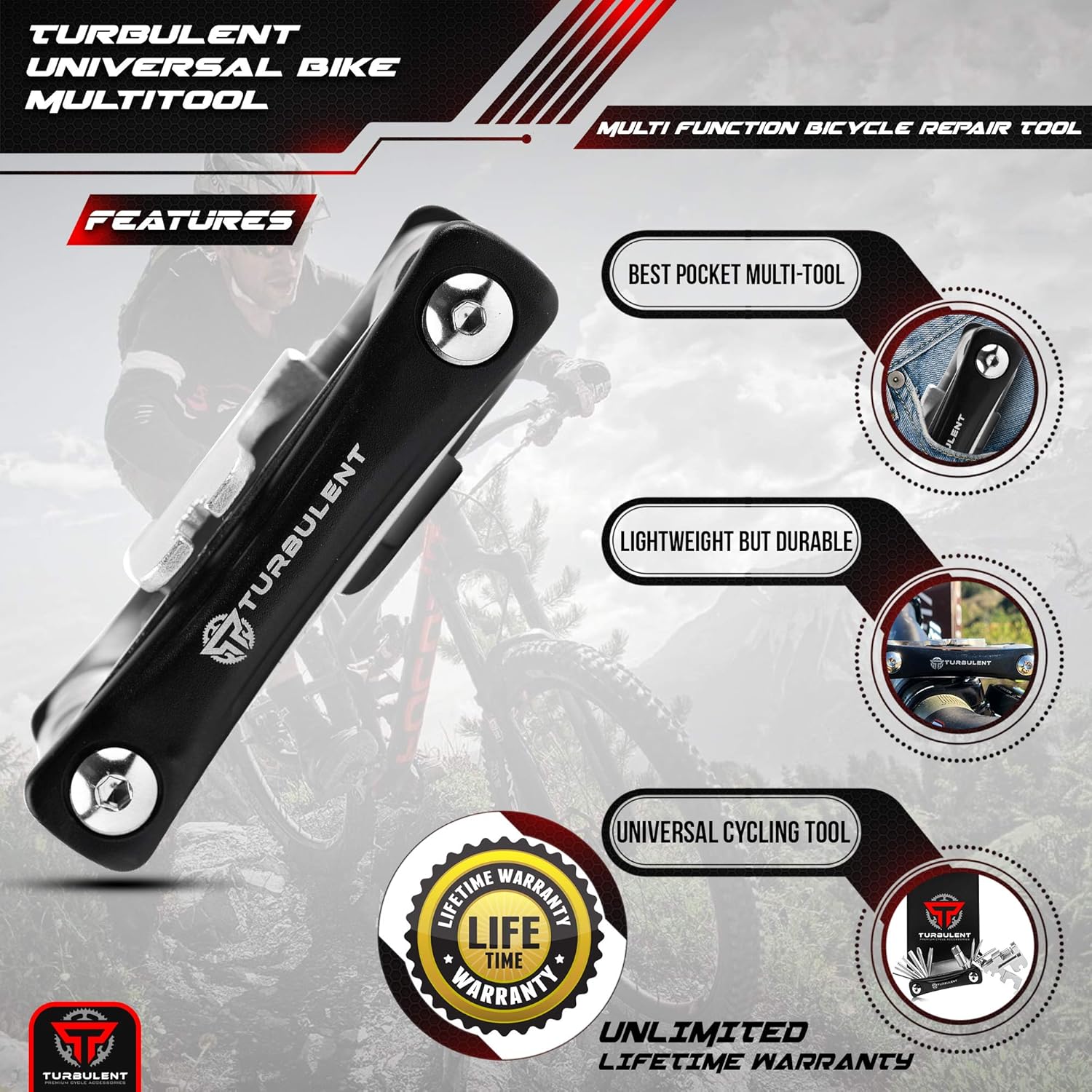 Turbulent Universal Bike Multitool - The Ultimate 23 in 1 Portable Sized Tool Kit with Chain Breaker, Allen Keys, Spoke Tool and More - Heavy Duty Multi Function Bicycle Repair Tool: Home Improvement