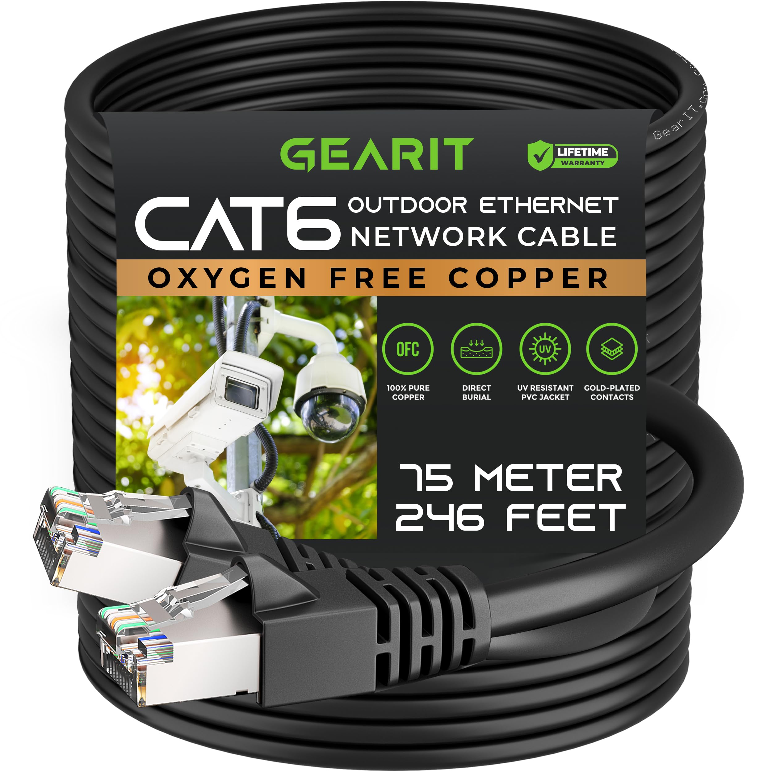 GEARit Cat6 Outdoor Ethernet Cable (75m) 23AWG Pure Copper, FTP, LLDPE, Waterproof, Direct Burial, In-Ground, UV Resistant, POE, Network, Lan, Internet, Cat 6, Cat6 Cable - 75 Meters