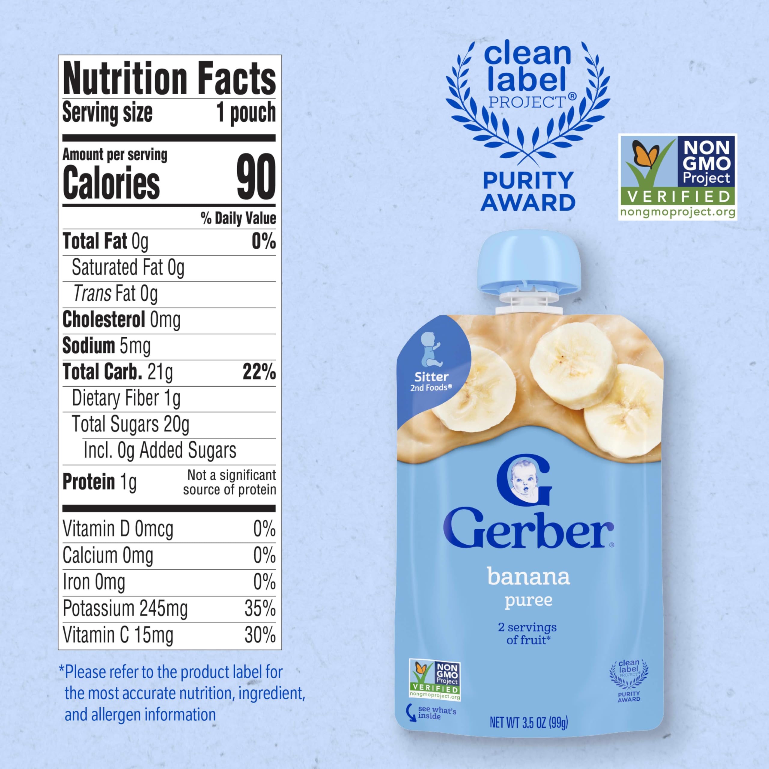 Gerber Stage 2 Baby Food, Banana Puree Pouch, 2 Servings of Fruit, No Added Sweetener, No Artificial Colors or Flavors, 12-Pack