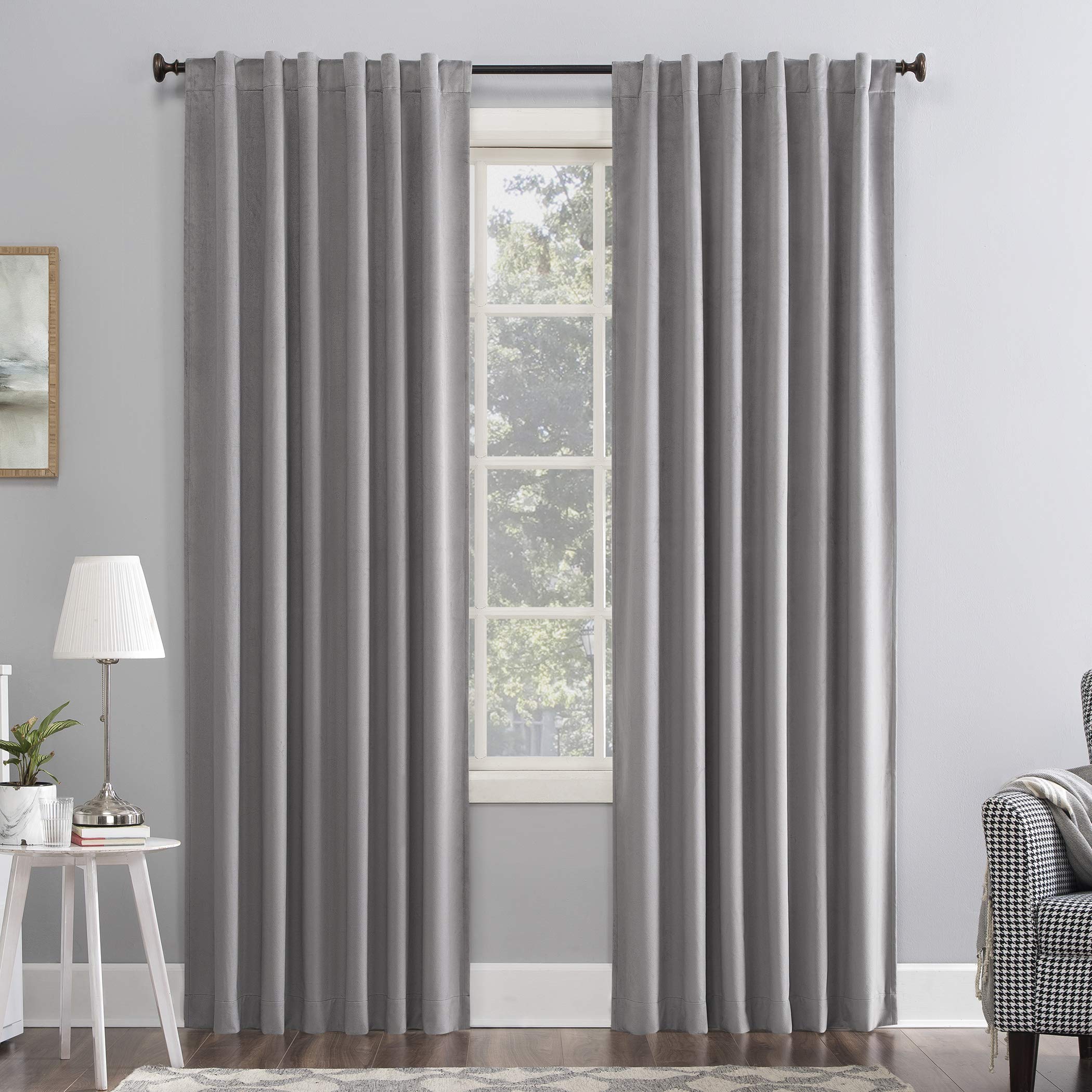 Photo 1 of Sun Zero Hampshire Velvet Noise Reducing Thermal Extreme Total Blackout Back Tab Curtain Panel, 50" x 96", Gray