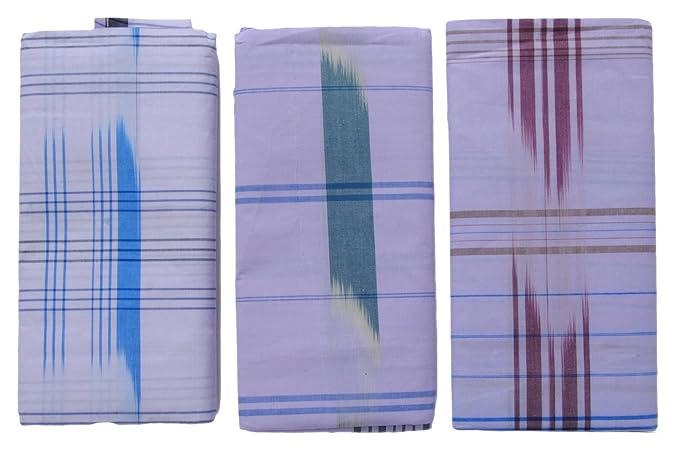 Men's Cotton Lungi (White, Combo of 3) - Assorted design