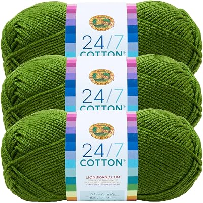 Lion Brand 24/7 Cotton Yarn Grass 3 Pack 100% Mercerized Cotton 185 yd