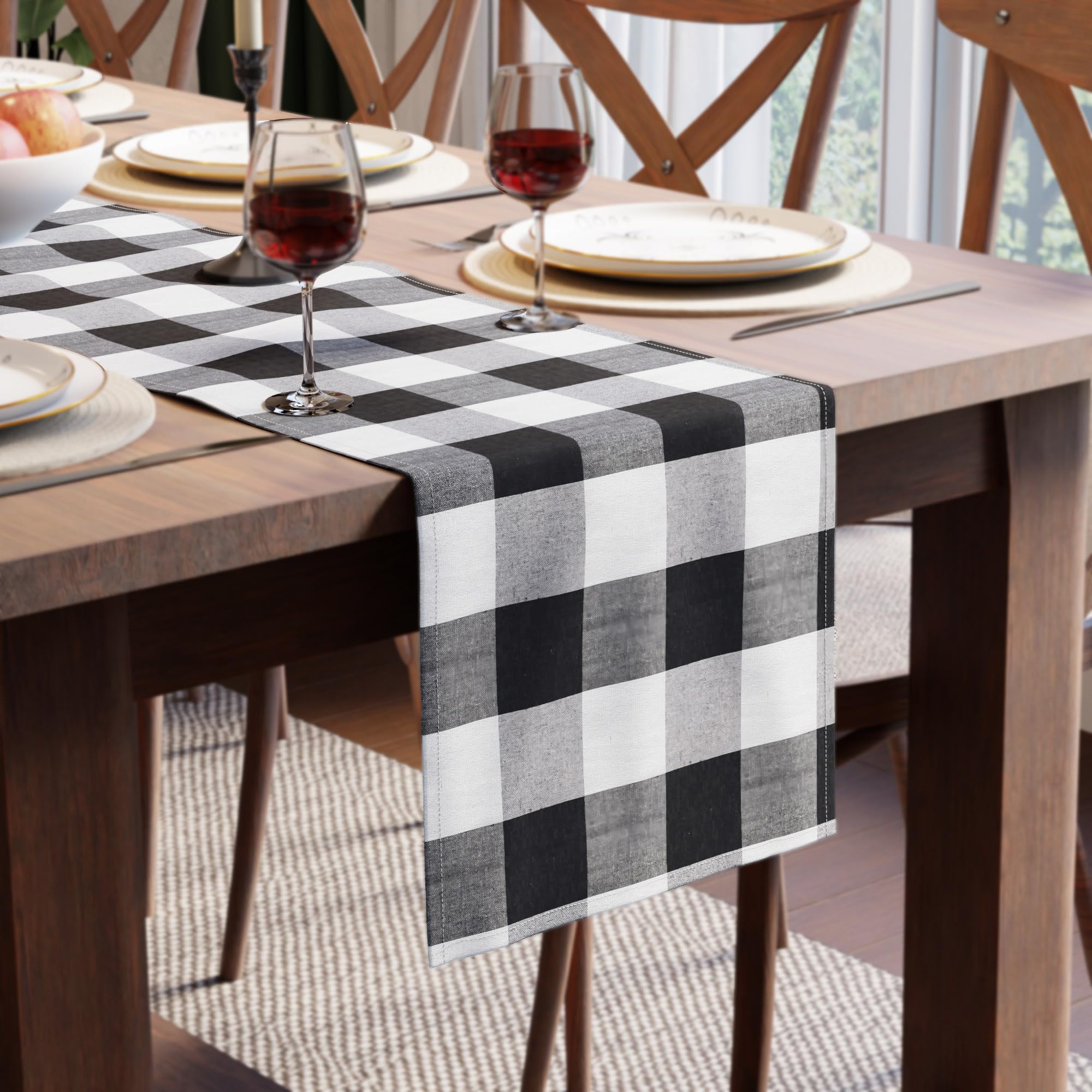 Encasa XO Cotton Dining Table Runner | Buffalo Black Checks | Size 13x59 in - Machine Washable & Durable