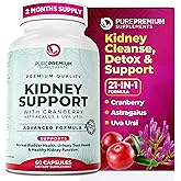PurePremium Kidney Support Supplement - Kidney Cleanse Detox &amp; Repair | Cranberry &amp; Astragalus, 21-in-1 Kidney Support Complex for Normal Bladder, Urinary Tract &amp; Kidneys Health, 60 Capsules