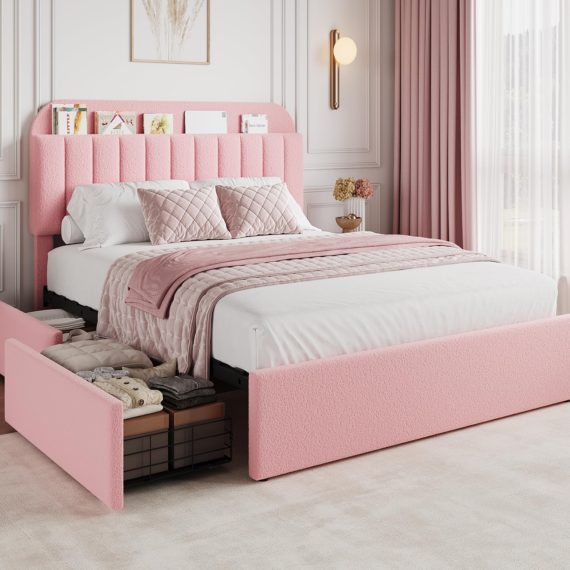 Photo 1 of GarveeHome Pink Full Bed Frame with Storage Headboard, Girls Bed Frame with 2 Drawers, Boucle Upholstered Platform Bed with Bookcase, No Box Spring Needed, Easy Assembly, Pink