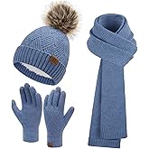 Womens Winter Warm Knit Beanie Hat Long Scarf Touchscreen Gloves Set with Fleece Lined Pom Skull Cap Gifts for Women