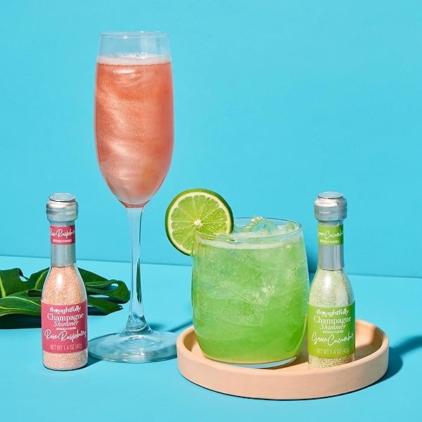 THOUGHTFULLY COCKTAILS, CHAMPAGNE SHIMMER GIFT SET, ADD SHIMMER TO CHAMPAGNE, PROSECCO OR CARBONATED BEVERAGES WITH RASPBERRY, BLUEBERRY, LIME, AND BLACKCURRANT COCKTAIL DRINK SHIMMERS, SET OF 4